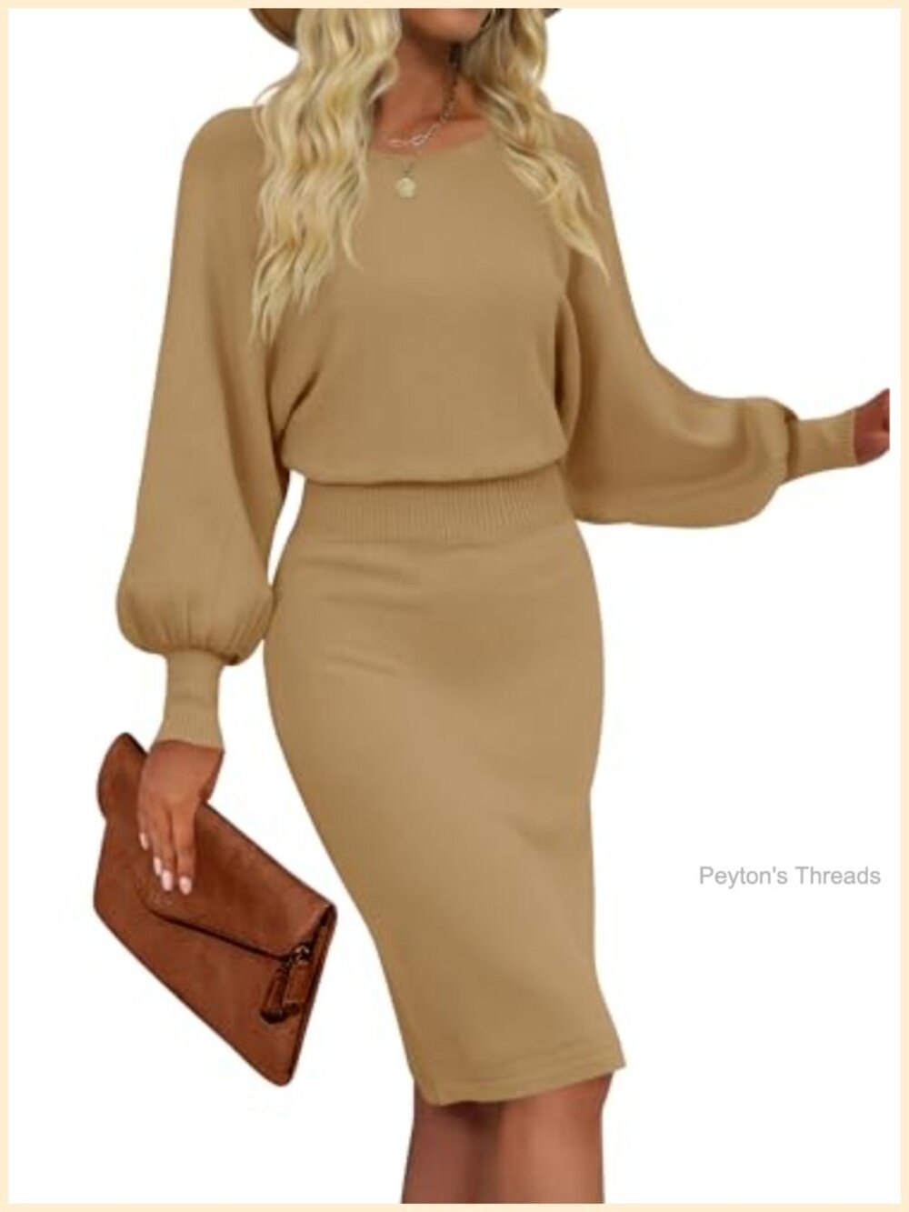 Women's Ribbed Knit Bodycon Midi Sweater Dress Puff Sleeve Pullover